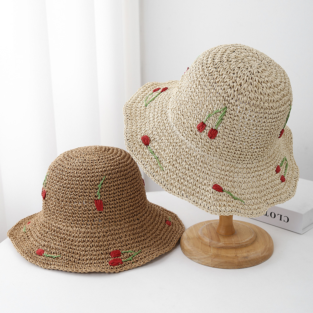 Bucket Hat Straw - Zomerhoeden voor dames Zonnehoed Kersendecoratie Emmerhoed